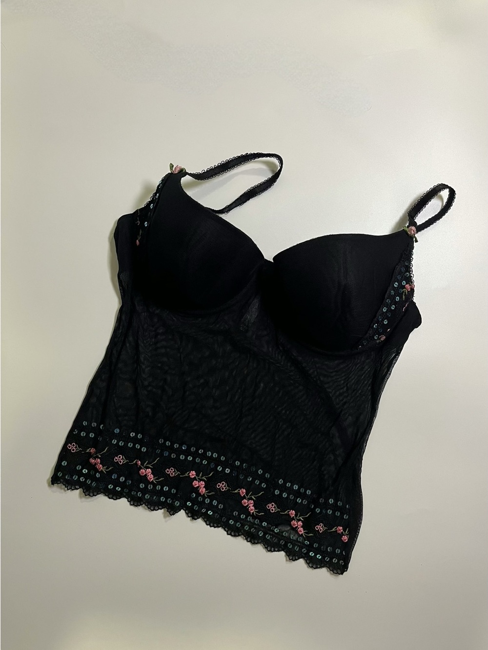y2k floral and sequin black mesh top
